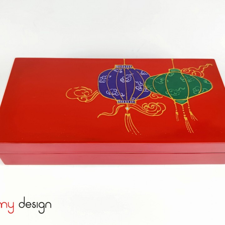 Red rectangle lacquer box hand-painted with lantern 12*25*H5 cm